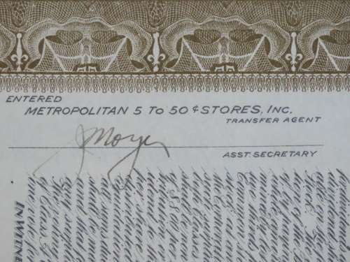 1922 Metropolitan 5 to 50c Stores, Stock Certificate, Half Shares, 30522