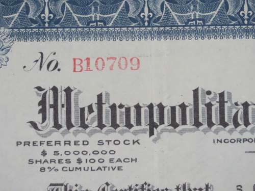 1922 Metropolitan 5 to 50c Stores, Stock Certificate, 3 Shares, 10709