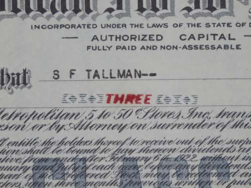 1922 Metropolitan 5 to 50c Stores, Stock Certificate, 3 Shares, 10709