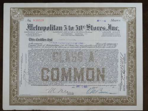 1922 Metropolitan 5 to 50c Stores, Stock Certificate, 10/100 Shares, 30520