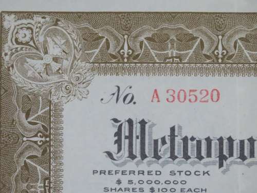 1922 Metropolitan 5 to 50c Stores, Stock Certificate, 10/100 Shares, 30520