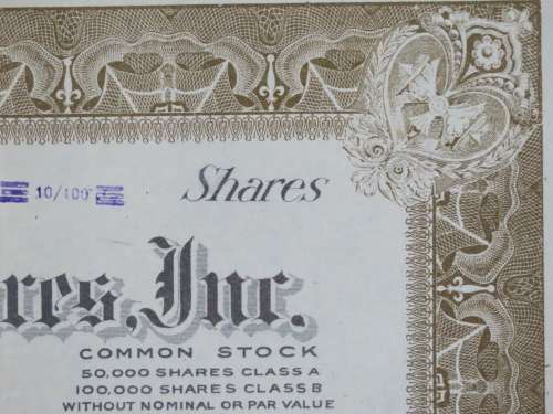1922 Metropolitan 5 to 50c Stores, Stock Certificate, 10/100 Shares, 30520