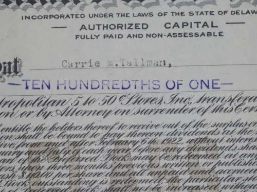 1922 Metropolitan 5 to 50c Stores, Stock Certificate, 10/100 Shares, 30520