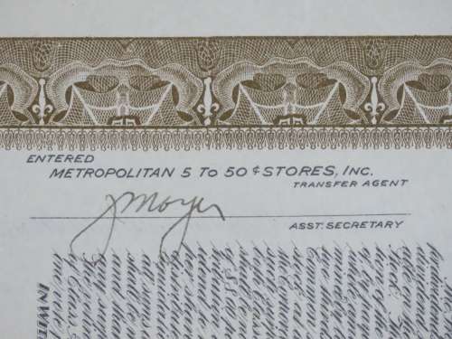 1922 Metropolitan 5 to 50c Stores, Stock Certificate, 10/100 Shares, 30520