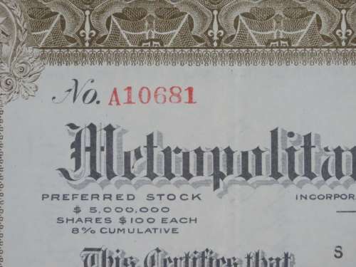 1922 Metropolitan 5 to 50c Stores, Stock Certificate, 2.5 Shares, 10681