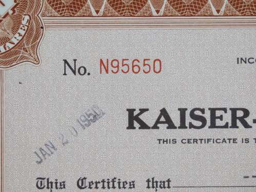 1949 Kaiser Frazer Corporation, Stock Certificate, 100 Shares, 95650