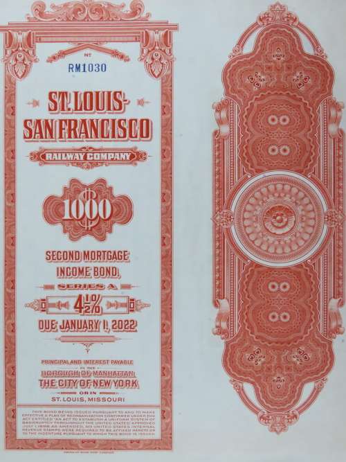 1948 St Louis San Francisco Railway Company, $1000 Bond Certificate RM1030