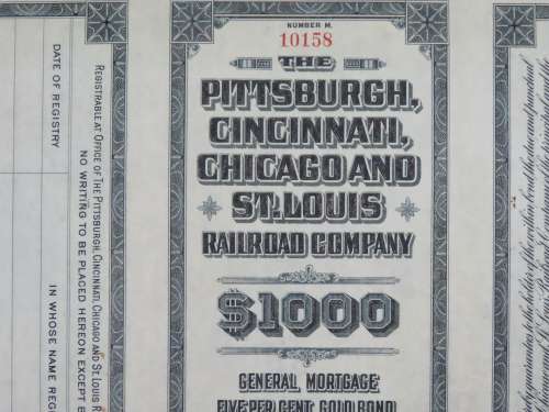 1920 Pittsburgh Cincinnati Chicago and St Louis Railroad Company, $1000 Gold Bond Certificate 10158