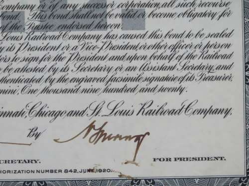 1920 Pittsburgh Cincinnati Chicago and St Louis Railroad Company, $1000 Gold Bond Certificate 10160