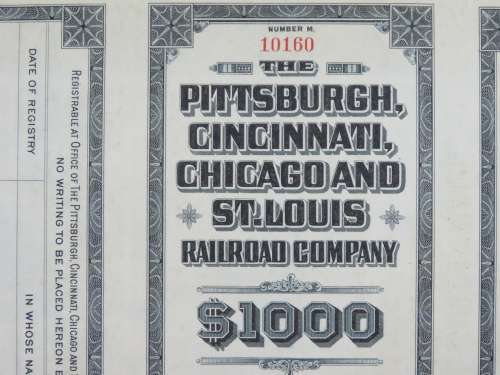 1920 Pittsburgh Cincinnati Chicago and St Louis Railroad Company, $1000 Gold Bond Certificate 10160