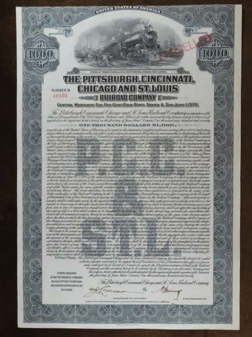 1920 Pittsburgh Cincinnati Chicago and St Louis Railroad Company, $1000 Gold Bond Certificate 10160