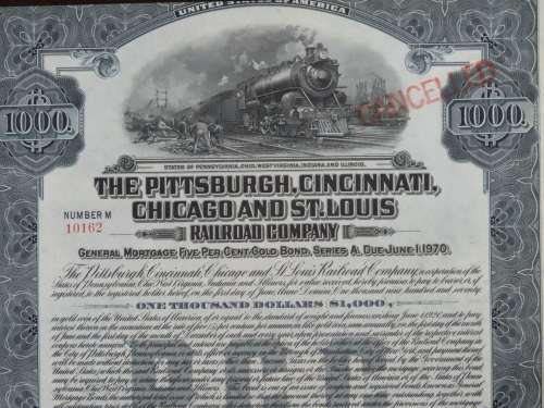 1920 Pittsburgh Cincinnati Chicago and St Louis Railroad Company, $1000 Gold Bond Certificate 10162