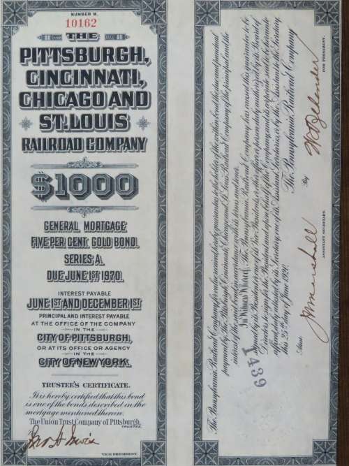 1920 Pittsburgh Cincinnati Chicago and St Louis Railroad Company, $1000 Gold Bond Certificate 10162