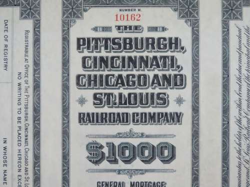 1920 Pittsburgh Cincinnati Chicago and St Louis Railroad Company, $1000 Gold Bond Certificate 10162
