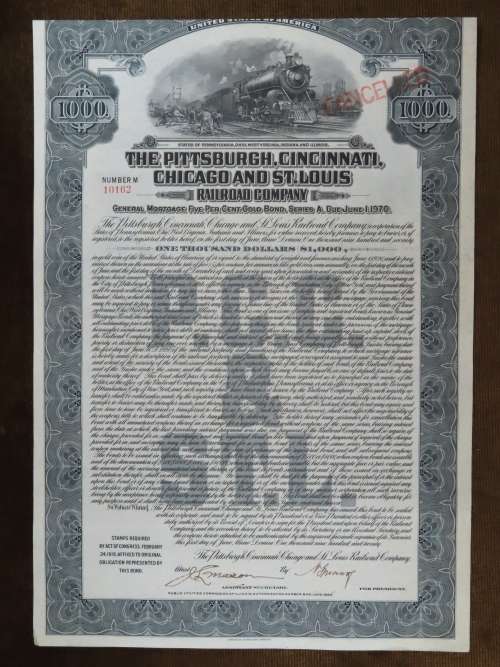 1920 Pittsburgh Cincinnati Chicago and St Louis Railroad Company, $1000 Gold Bond Certificate 10162