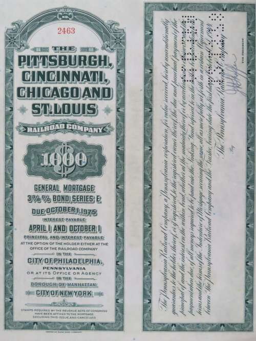 1944 Pittsburgh Cincinnati Chicago and St Louis Railroad Company, $1000 Bond Certificate 2463