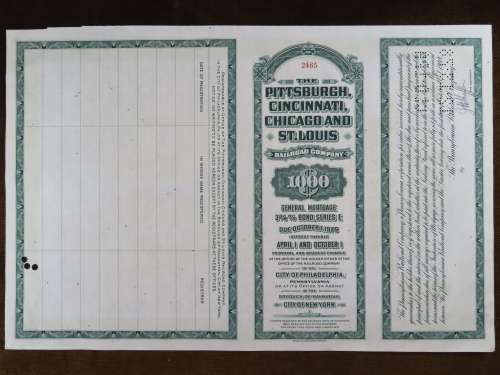 1944 Pittsburgh Cincinnati Chicago and St Louis Railroad Company, $1000 Bond Certificate 2465