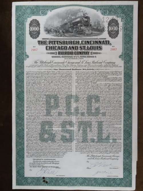 1944 Pittsburgh Cincinnati Chicago and St Louis Railroad Company, $1000 Bond Certificate 2467
