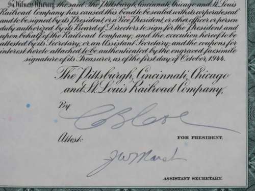 1944 Pittsburgh Cincinnati Chicago and St Louis Railroad Company, $1000 Bond Certificate 2468