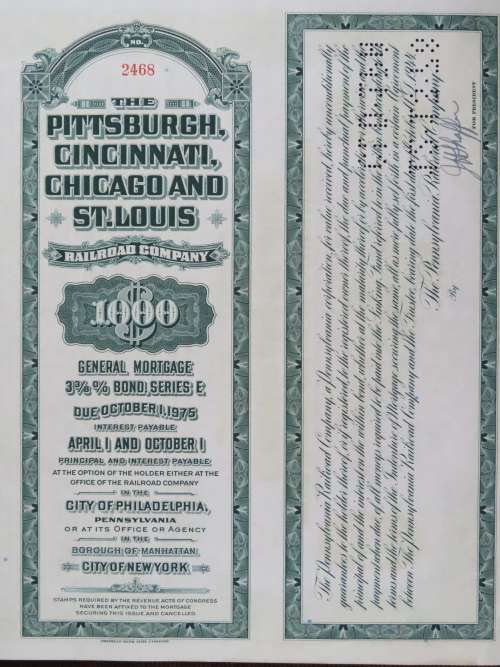 1944 Pittsburgh Cincinnati Chicago and St Louis Railroad Company, $1000 Bond Certificate 2468