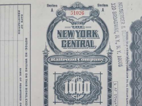 1913 The New York Central Railroad Company, $1000 Gold Bond Certificate 51026