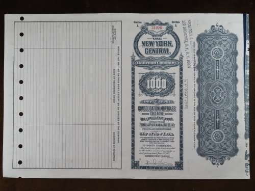 1913 The New York Central Railroad Company, $1000 Gold Bond Certificate 51026