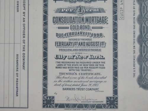1913 The New York Central Railroad Company, $1000 Gold Bond Certificate 33671