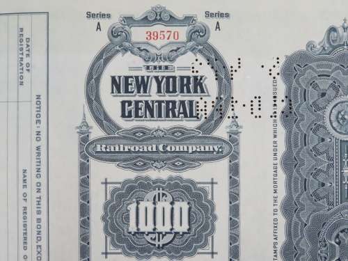 1913 The New York Central Railroad Company, $1000 Gold Bond Certificate 39570