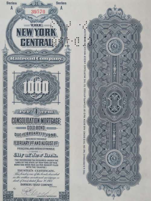 1913 The New York Central Railroad Company, $1000 Gold Bond Certificate 39570