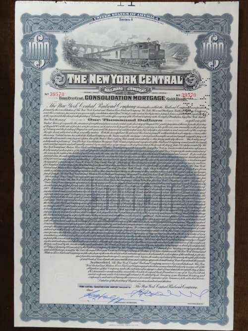 1913 The New York Central Railroad Company, $1000 Gold Bond Certificate 39570