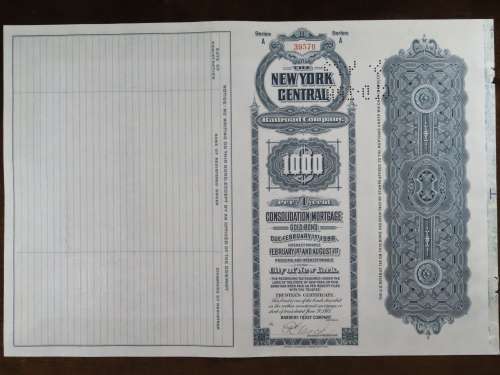 1913 The New York Central Railroad Company, $1000 Gold Bond Certificate 39570