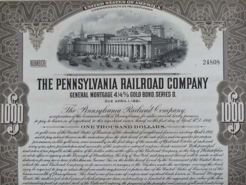 1931 The Pennsylvania Railroad Company, $1000 Gold Bond Certificate 24808