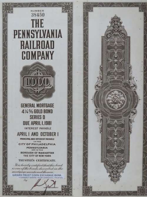 1931 The Pennsylvania Railroad Company, $1000 Gold Bond Certificate 38450