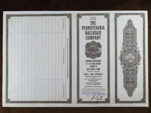 1931 The Pennsylvania Railroad Company, $1000 Gold Bond Certificate 38450
