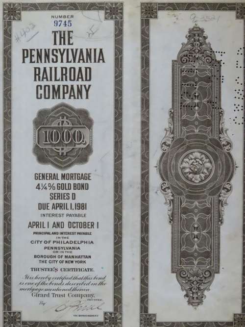 1931 The Pennsylvania Railroad Company, $1000 Gold Bond Certificate 9745
