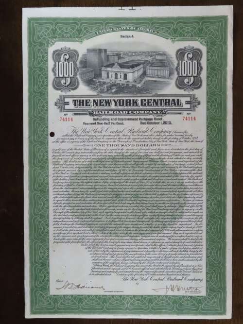 1913 The New York Central Railroad Company, $1000 Bond Certificate 74114