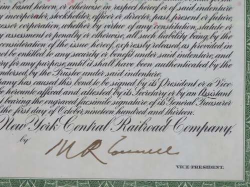 1913 The New York Central Railroad Company, $1000 Bond Certificate 55548