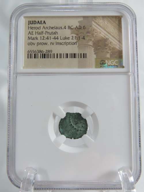 Ancient Judaea Half Prutat Coin, 4 BC NGC Herod Archelaus