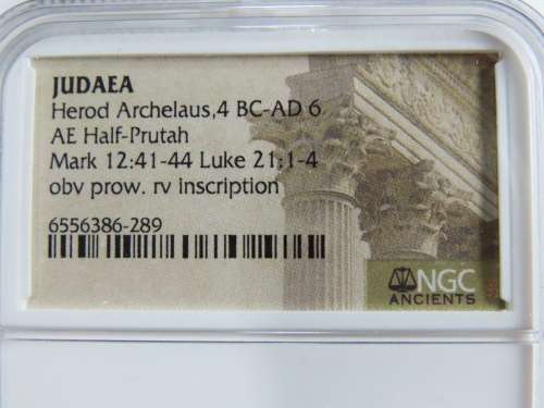 Ancient Judaea Half Prutat Coin, 4 BC NGC Herod Archelaus
