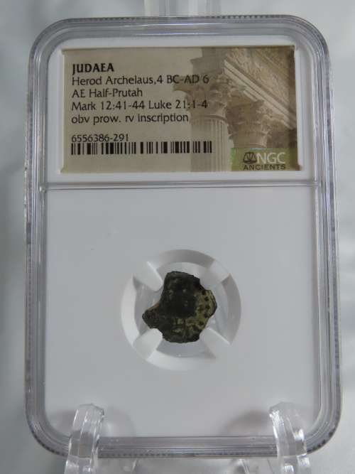 Ancient Judaea Half Prutat Coin, 4 BC NGC Herod Archelaus