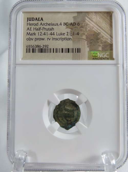 Ancient Judaea Half Prutat Coin, 4 BC NGC Herod Archelaus
