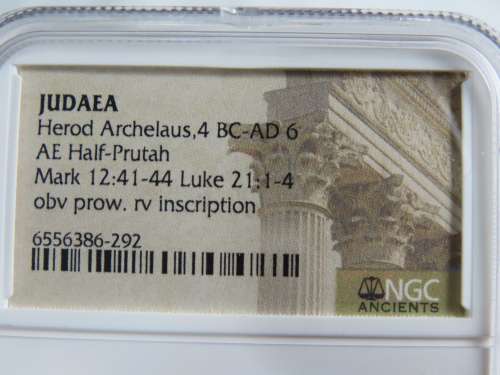 Ancient Judaea Half Prutat Coin, 4 BC NGC Herod Archelaus