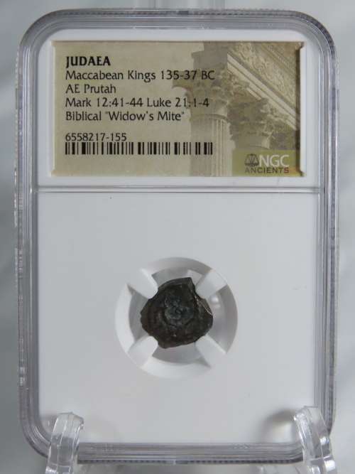 Ancient Judaea Widow`s Mite Coin, 135 to 37 BC NGC, Maccabean Kings Coins Of The Bible