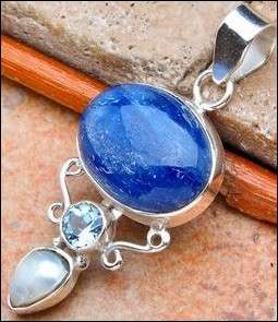Sterling silver pendant - KYANITE, BLUE TOPAZ & PEARL - Dreams Collection