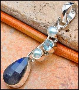 Sterling silver pendant - LABRADORITE, BLUE TOPAZ & PEARL - Dreams Collection