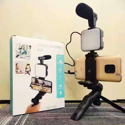 Video vlogger kits ay49 - microphone led fill light mini tripod for phone vlog video recording