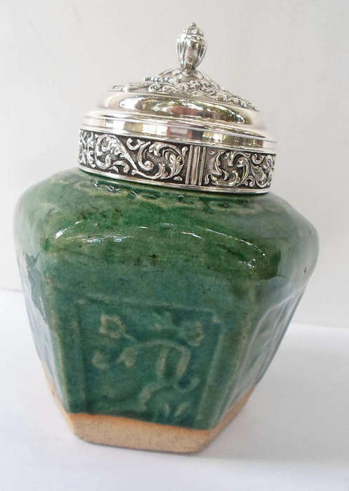Antique 1850-1899 Chinese Pottery Shiwan Jade Hexagon Glazed Ginger Spice Jar with silver plated li
