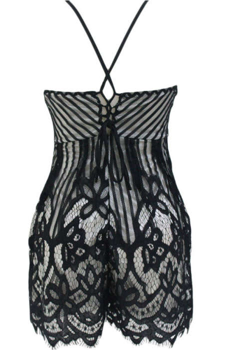 Black Lace Lined Relaxed Cross Back Deep V Neck Playsuit Romper