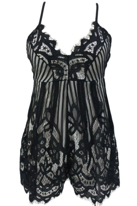 Black Lace Lined Relaxed Cross Back Deep V Neck Playsuit Romper