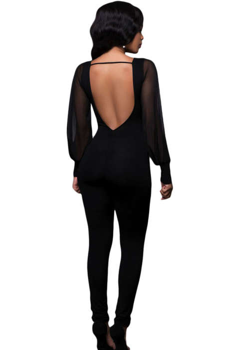 Black Sheer Split Sleeves Open Back Jumpsuit